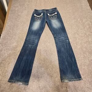 Embroidered premium Western Miss Me Bootcut Leather Trim Designer Jeans sz 7